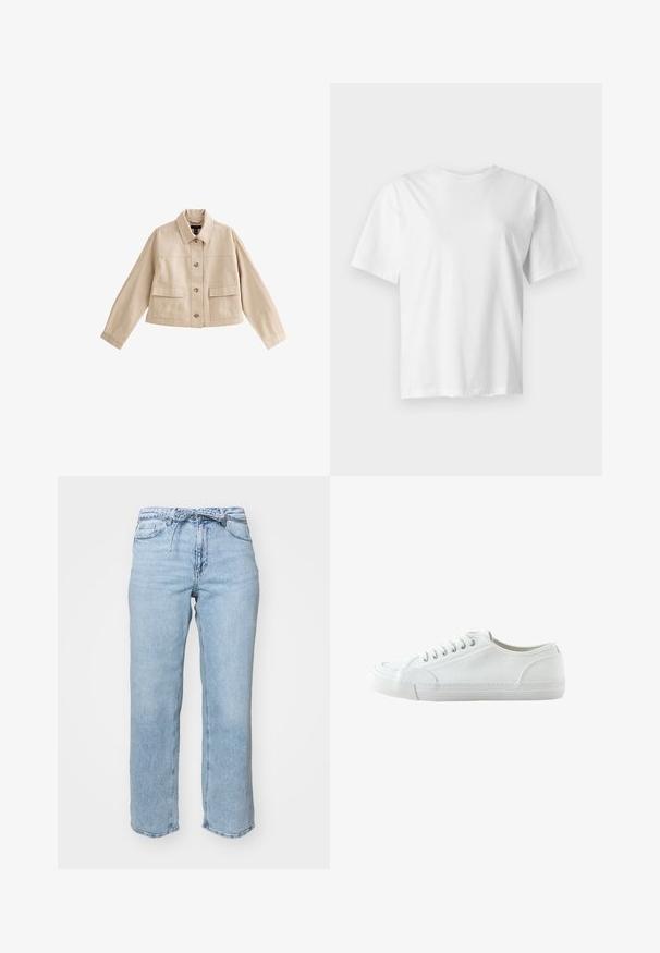 Beige korte jas met lange mouwen, kraag, knoopsluiting aan de voorkant en twee grote voorzakken met kleppen.; Effen wit T-shirt met korte mouwen en ronde hals, plat weergegeven op een lichtgrijze achtergrond.; Lichtblauwe denim jeans met een relaxed recht model, vijf zakken en een tailleband met lussen voor een riem. Verzorgde afwerking met subtiele vervaging.; Witte lage canvas sneaker met vetersluiting aan de voorkant, rubberen zool en een getextureerde neuskap, weergegeven vanaf de buitenkant op een witte achtergrond.