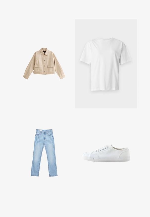 Beige kurze Jacke mit langen Ärmeln, Kragen, Vorderknopfleiste und zwei großen aufgesetzten Fronttaschen mit Klappen.; Schlichtes weißes Kurzarm-T-Shirt mit Rundhalsausschnitt, flach auf einem hellgrauen Hintergrund dargestellt.; Hellblaue Jeans aus Denim mit geradem Schnitt, Fünf-Taschen-Design und sichtbaren Nähten. Mittelhoher Taillenbund mit klassischem Knopf- und Reißverschluss.; Weißer niedriger Canvas-Sneaker mit weißen Schnürsenkeln und Gummisohle, von der Seite auf weißem Hintergrund dargestellt.
