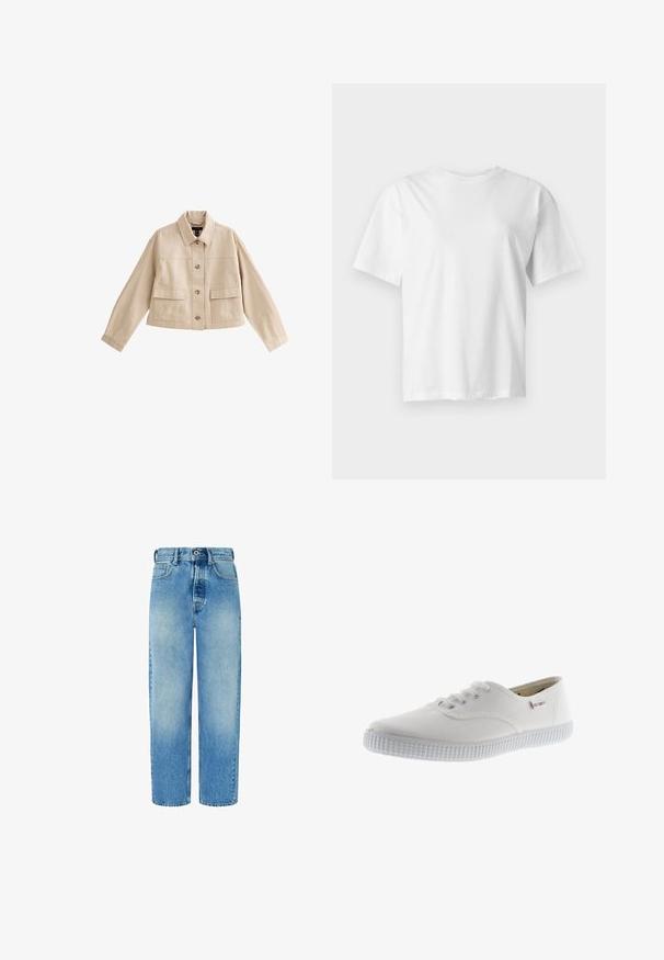 Chaqueta corta beige con mangas largas, cuello, cierre frontal con botones y dos grandes bolsillos frontales con solapas.; Camiseta blanca lisa de manga corta con cuello redondo, mostrada plana sobre un fondo gris claro.; Jeans de mezclilla de color azul claro con un diseño de pierna recta, cintura alta, bolsillos frontales y cierre de botón. Presentan un ligero decolorado y sin adornos.; Zapatillas de lona blancas con punta redonda, diseño con cordones, suela de goma texturizada y un sutil acento de marca. Acabado de tela suave.