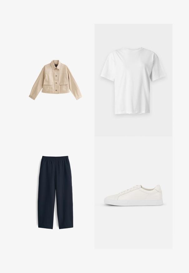 Beige korte jas met lange mouwen, kraag, knoopsluiting aan de voorkant en twee grote voorzakken met kleppen.; Effen wit T-shirt met korte mouwen en ronde hals, plat weergegeven op een lichtgrijze achtergrond.; Navy blauwe broek van gladde stof, met een elastische tailleband, twee zijzakken en een relaxte pasvorm met rechte pijpen.; Witte leren sneaker met een gladde textuur, ronde neus, vetersluiting aan de voorkant en een platte rubberen zool. Eenvoudig ontwerp zonder patronen of accenten.