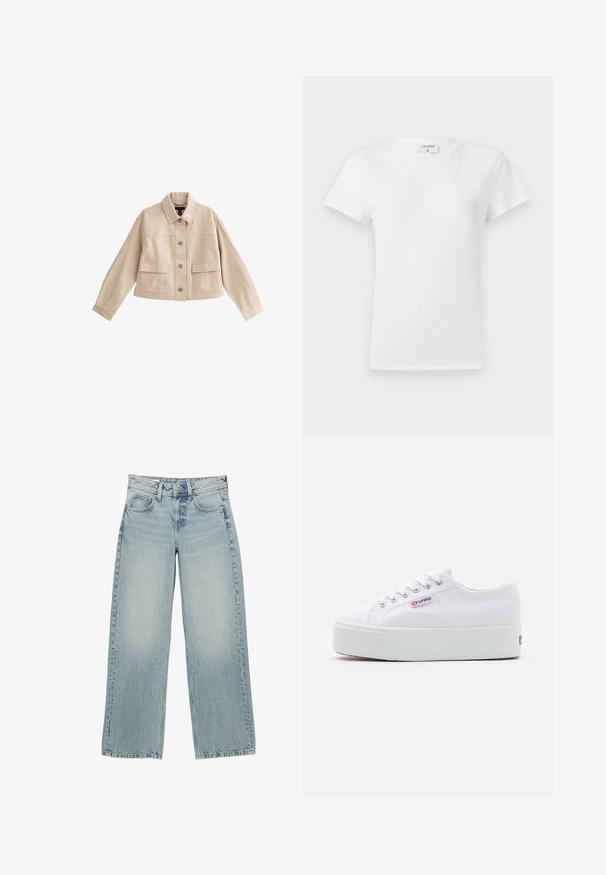 Beige korte jas met lange mouwen, kraag, knoopsluiting aan de voorkant en twee grote voorzakken met kleppen.; Witte katoenen t-shirt met ronde hals en korte mouwen, met een relaxed fit en een minimalistisch ontwerp. Etiket zichtbaar aan de hals.; Lichtblauwe denim wijde jeans met een hoge taille, voorzien van vijf zakken, een knoopsluiting en subtiele vervaging voor een versleten effect.; Witte canvas sneaker met een dikke witte platformzool, ronde neus en metalen oogjes voor veters. Merkl logo aan de zijkant weergegeven.