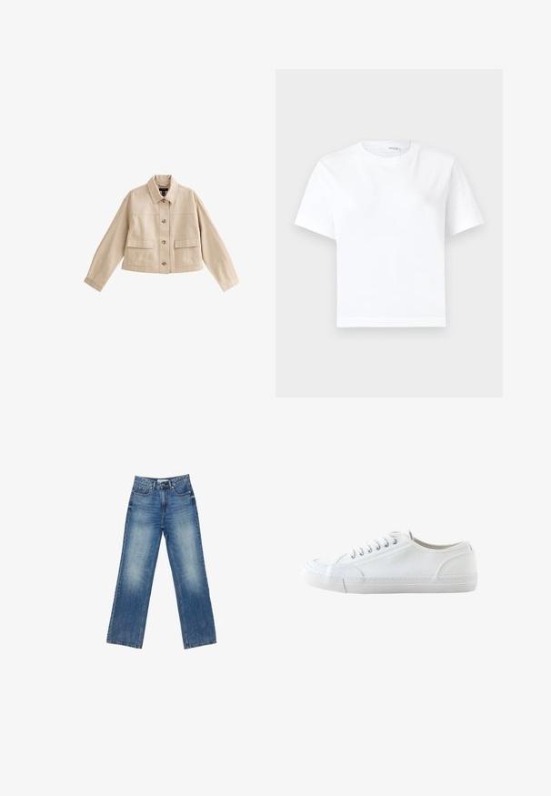 Beige kurze Jacke mit langen Ärmeln, Kragen, Vorderknopfleiste und zwei großen aufgesetzten Fronttaschen mit Klappen.; Einfaches weißes kurzärmeliges Baumwoll-T-Shirt mit rundem Ausschnitt und geradem Saum, dargestellt auf weißem Hintergrund.; Helle Denim-Hosen mit weitem Bein und einem verwaschenen Finish, fünf Taschen, sichtbaren Nähten, Knopf- und Reißverschluss sowie geradem Schnitt.; Weißer niedriger Canvas-Sneaker mit weißen Schnürsenkeln und Gummisohle, von der Seite auf weißem Hintergrund dargestellt.