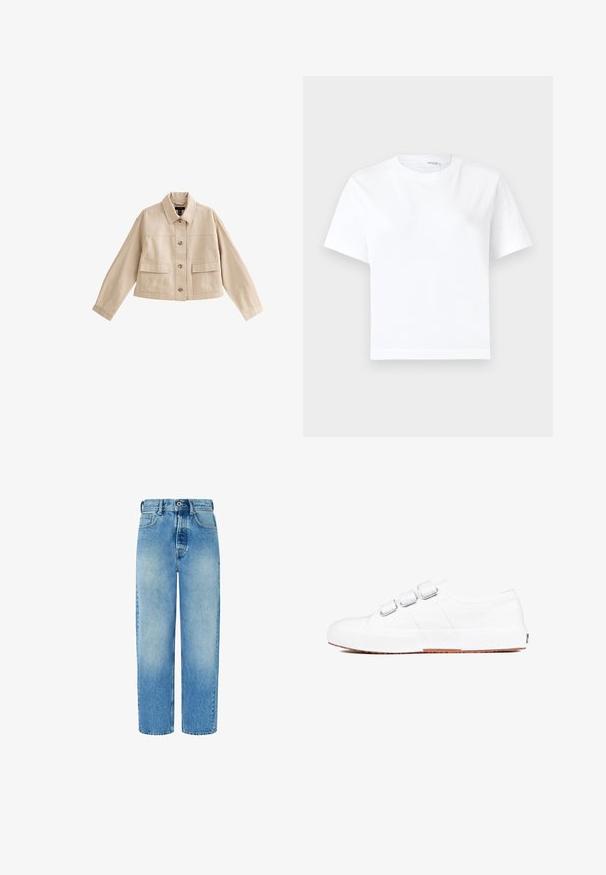 Chaqueta corta beige con mangas largas, cuello, cierre frontal con botones y dos grandes bolsillos frontales con solapas.; Camiseta blanca lisa de algodón de manga corta con cuello redondo y dobladillo recto, mostrada sobre un fondo blanco.; Jeans de mezclilla de color azul claro con un diseño de pierna recta, cintura alta, bolsillos frontales y cierre de botón. Presentan un ligero decolorado y sin adornos.; Zapatilla de lona blanca con acabado texturizado, que cuenta con tres correas ajustables y una suela de goma sólida en marrón claro. Diseño minimalista.