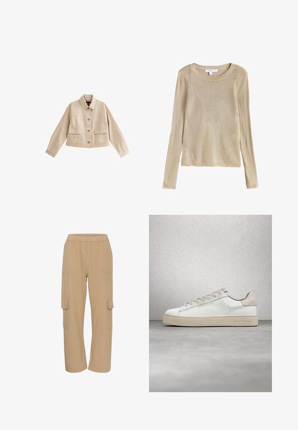 Beige cropped jakke med lange ærmer, krave, knaplukning foran og to store forlommer med klappe.; Beige ribstrikket langærmet sweater med rund halsudskæring og slim fit, vist fladt med synligt mærke ved kraven.; Beige cargo bukser med elastisk talje, sidelommer og en afslappet pasform. Fremstillet af letvægts, tekstureret stof.; Hvide lædersneakers med en glat overflade, beige ruskindsdetaljer, rund tå, flad snørebåndsdesign og en struktureret gummisål.