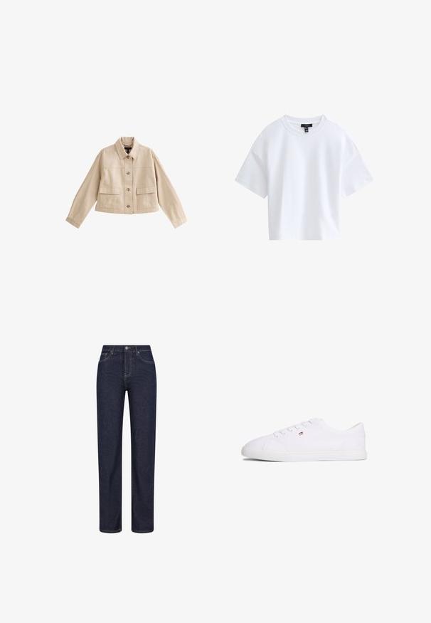 Veste courte beige à manches longues, col, fermeture avant à boutons et deux grandes poches avant avec rabats.; T-shirt court blanc uni à manches courtes avec un col rond et une étiquette de marque noire à l'intérieur du col.; Jean denim bleu foncé à coupe droite, avec poches avant, passants de ceinture et fermeture par bouton à la taille.; Baskets blanches basses à fermeture à lacets avec petit logo rouge, blanc et bleu sur le côté, semelle plate en caoutchouc.