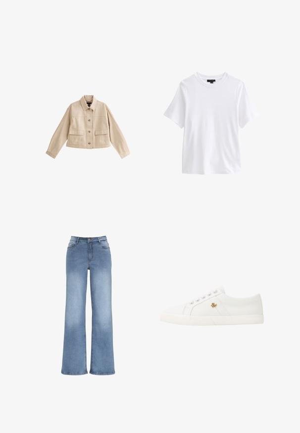 Beige cropped jakke med lange ærmer, krave, knaplukning foran og to store forlommer med klappe.; Hvid t-shirt med korte ærmer og rund halsudskæring med en sort tøjetiket inde i kraven på hvid baggrund.; Lyseblå vidde jeans lavet af denim. Har en knaplukning, fem lommer og syninger i kontrast. Glat overflade med en let falma.; Lauren Ralph Lauren JANSON II CANVAS SNEAKER - Sneakers - optic white