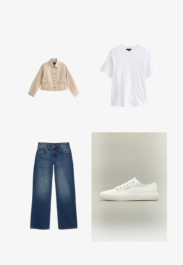 Beige kurze Jacke mit langen Ärmeln, Kragen, Vorderknopfleiste und zwei großen aufgesetzten Fronttaschen mit Klappen.; Schlichtes weißes T-Shirt mit kurzen Ärmeln und Rundhalsausschnitt mit einem schwarzen Kleidungsetikett innen im Kragen auf weißem Hintergrund.; Weit geschnittene blaue Jeans aus Denim mit einem verwaschenen Finish, ausgestattet mit fünf Taschen, einem vorderen Knopfverschluss und sichtbaren Nahtdetails.; Weißer Low-Top Canvas-Sneaker mit strukturierter Gummisohle, weißen Schnürsenkeln und kleinem Calvin Klein-Label an der Seite.