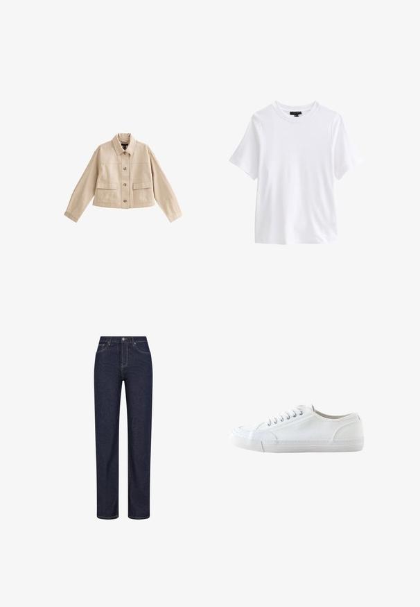 Beige korte jas met lange mouwen, kraag, knoopsluiting aan de voorkant en twee grote voorzakken met kleppen.; Effen wit T-shirt met korte mouwen en ronde hals met een zwart kledinglabel aan de binnenkant van de kraag op een witte achtergrond.; Donkerblauwe jeans met rechte pijpen, voorzakken, riemlussen en een knoopsluiting in de taille.; Witte lage canvas sneaker met witte veters en rubberen zool, gezien van opzij op een witte achtergrond.