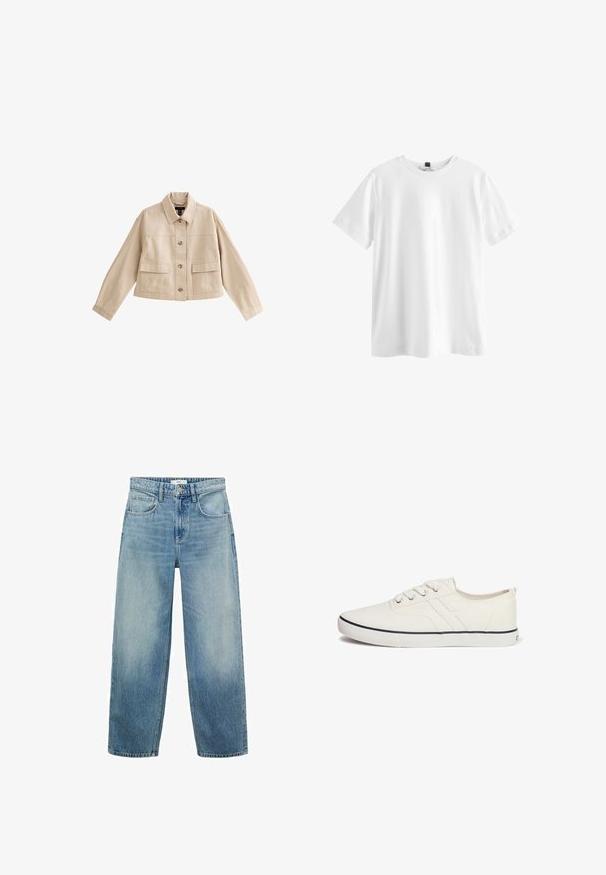 Beige korte jas met lange mouwen, kraag, knoopsluiting aan de voorkant en twee grote voorzakken met kleppen.; Effen wit T-shirt met korte mouwen en ronde hals met een zwart label aan de binnenkant van de kraag, plat weergegeven op een witte achtergrond.; Lichtblauwe denim wijde jeans met een hoge taille, vijf zakken en een knoopsluiting. Verbleekte patroon naar de onderkant.; Witte canvas sneakers met een laag profiel, ronde neus, zes oogjes, marineblauwe accentstreep en een gestructureerde rubberen zool.