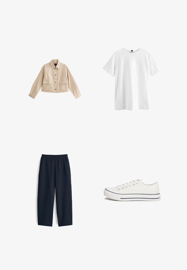 Beige korte jas met lange mouwen, kraag, knoopsluiting aan de voorkant en twee grote voorzakken met kleppen.; Effen wit T-shirt met korte mouwen en ronde hals met een zwart label aan de binnenkant van de kraag, plat weergegeven op een witte achtergrond.; Navy blauwe broek van gladde stof, met een elastische tailleband, twee zijzakken en een relaxte pasvorm met rechte pijpen.; Witte canvas sneaker met een ronde neus, vetersluiting aan de voorkant en blauwe gestreepte rand rondom de zool. Minimalistisch ontwerp met een lage profiel.
