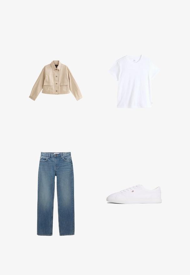 Beige korte jas met lange mouwen, kraag, knoopsluiting aan de voorkant en twee grote voorzakken met kleppen.; Wit katoenen t-shirt met korte mouwen, ronde hals en rechte zoom. Heeft een klein rood logotag aan de linkeronderzijde.; Lichtblauwe denim jeans met een rechte snit, vijf zakken en koperen hardware. De stof heeft een lichte vervaging en een gladde textuur.; Witte lage sneaker met vetersluiting en een klein rood-wit-blauw logo aan de zijkant, platte rubberen zool.