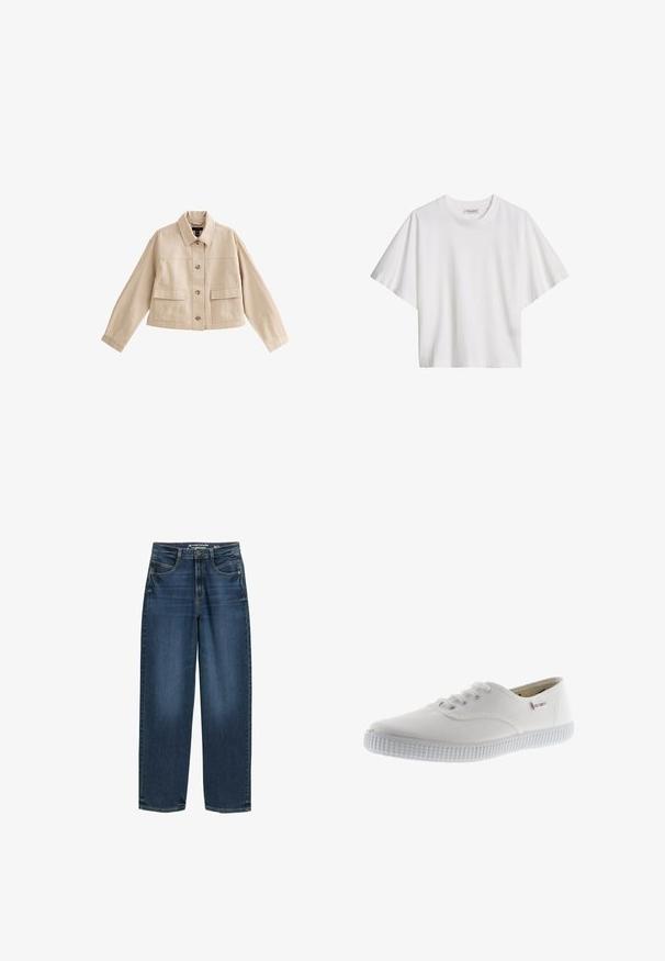 Chaqueta corta beige con mangas largas, cuello, cierre frontal con botones y dos grandes bolsillos frontales con solapas.; Camiseta blanca de algodón, de manga corta, holgada, con cuello redondo y etiqueta de la marca en el interior del cuello.; Jeans de pierna ancha de color azul oscuro con cintura alta, bolsillos frontales y textura de denim clásica. Acabados con detalles de costura sutiles y aberturas de pierna recta.; Zapatillas de lona blancas con punta redonda, diseño con cordones, suela de goma texturizada y un sutil acento de marca. Acabado de tela suave.