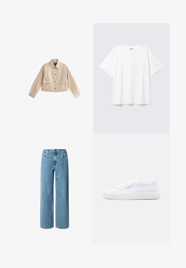 Beige kurze Jacke mit langen Ärmeln, Kragen, Vorderknopfleiste und zwei großen aufgesetzten Fronttaschen mit Klappen.; Weißes T-Shirt mit kurzen Ärmeln, Rundhalsausschnitt und entspanntem Schnitt mit einem "WEEKDAY" Etikett an der Innenseite des hinteren Halsbereichs.; Blaue Denim-Jeans mit weitem Bein und hoher Taille, ausgestattet mit Gürtelschlaufen, Reißverschluss und ausgefransten Säumen. Der Stoff hat eine weiche, glatte Textur.; Weißer Sneaker mit niedrigem Schaft, Plateau-Sohle, Schnürung vorne und kleinem Calvin Klein Logo-Tag an der Seite.