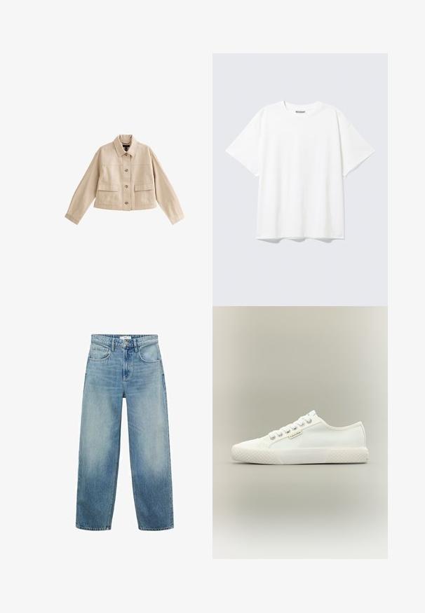 Beige kurze Jacke mit langen Ärmeln, Kragen, Vorderknopfleiste und zwei großen aufgesetzten Fronttaschen mit Klappen.; Weißes T-Shirt mit kurzen Ärmeln, Rundhalsausschnitt und entspanntem Schnitt mit einem "WEEKDAY" Etikett an der Innenseite des hinteren Halsbereichs.; Helle blaue Denim-Jeans im weiten Schnitt mit hoher Taille, fünf Taschen und einem Knopfverschluss. Ausgebleichtes Muster am unteren Ende.; Weißer Low-Top Canvas-Sneaker mit strukturierter Gummisohle, weißen Schnürsenkeln und kleinem Calvin Klein-Label an der Seite.
