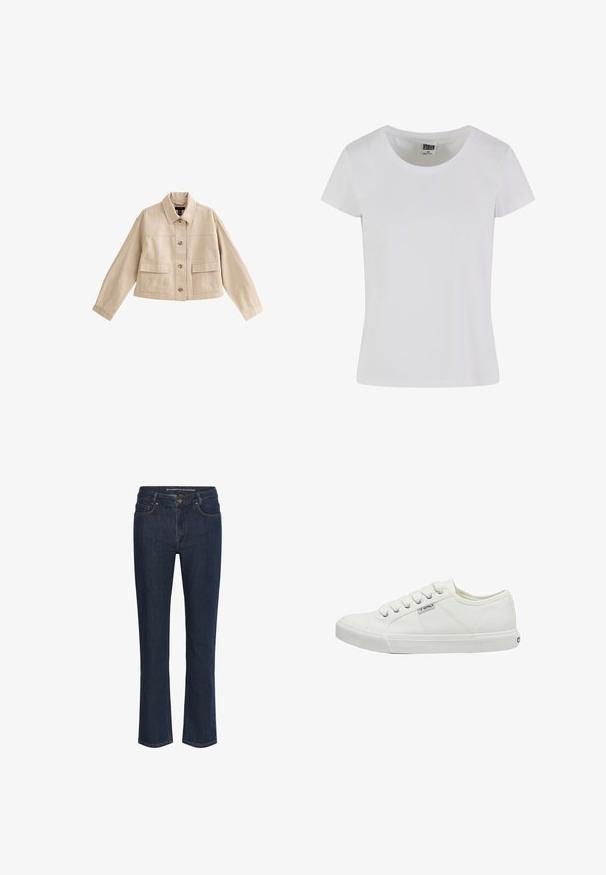 Beige korte jas met lange mouwen, kraag, knoopsluiting aan de voorkant en twee grote voorzakken met kleppen.; Witte, korte mouwen t-shirt gemaakt van katoen. Heeft een ronde hals en een slim-fit vorm. Etiket zegt "URBAN CLASSICS."; Donkerblauwe rechte spijkerbroek met voorzakken, riemlussen en knoopsluiting.; Witte canvas sneakers met ronde neus, zes veters, textuur zijpanelen en rubberen zool. Klein merkje aan de zijkant.