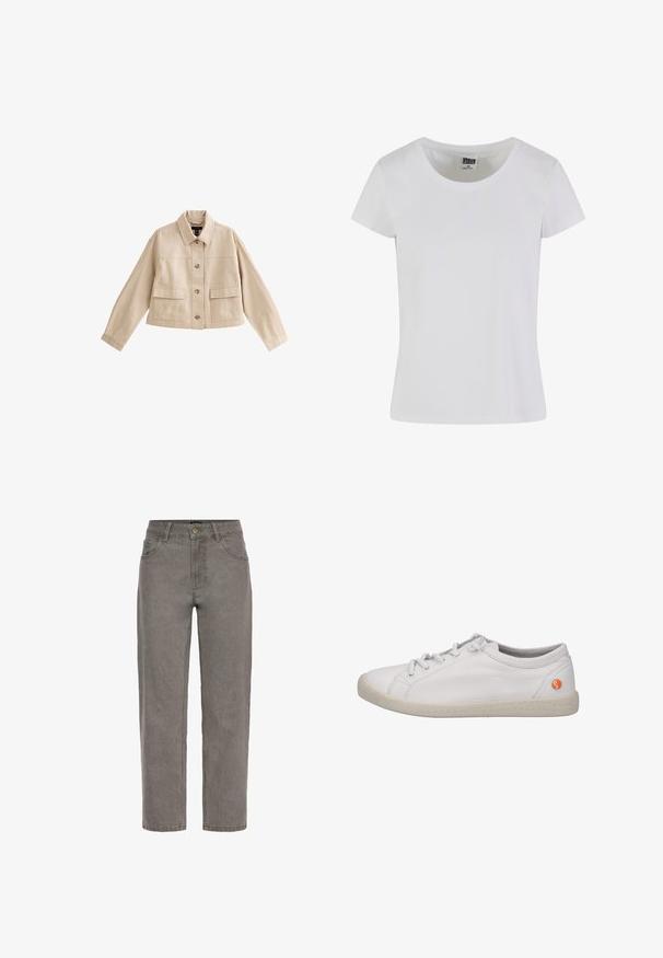 Beige cropped jakke med lange ærmer, krave, knaplukning foran og to store forlommer med klappe.; Hvid, kortærmet t-shirt lavet af bomuld. Har en rund halsudskæring og en tætsiddende form. Lappen læser "URBAN CLASSICS."; Grå denim jeans med lige ben, knap- og lynlåslukning, for- og baglommer og bæltestropper.; Hvide lædersneakers med snøring, grå indvendig og orange logoaccent på siden. Har en struktureret gummisål.