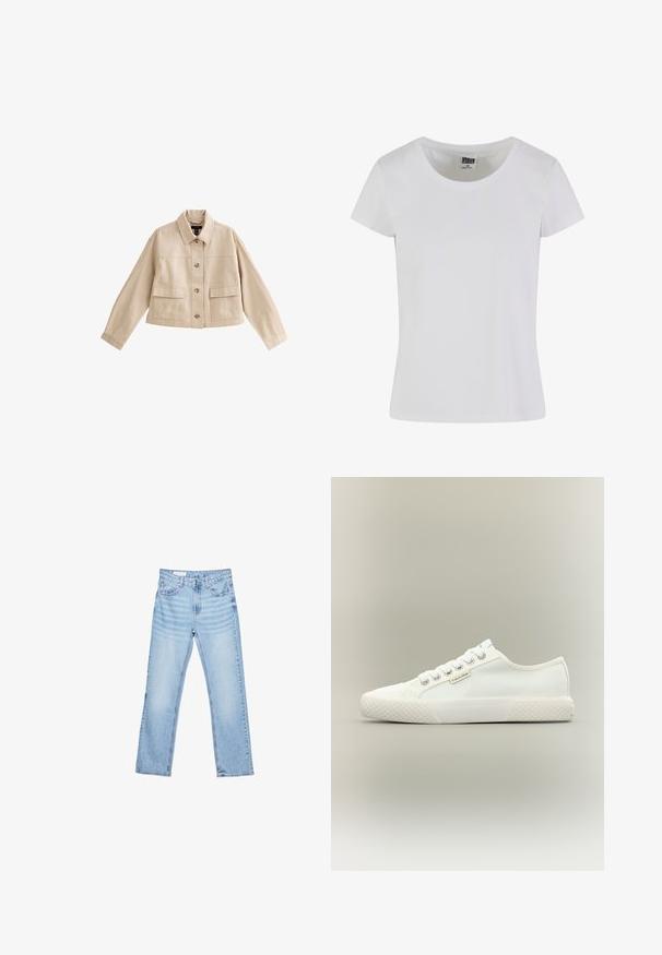 Beige korte jas met lange mouwen, kraag, knoopsluiting aan de voorkant en twee grote voorzakken met kleppen.; Witte, korte mouwen t-shirt gemaakt van katoen. Heeft een ronde hals en een slim-fit vorm. Etiket zegt "URBAN CLASSICS."; Lichtblauwe denim jeans met een rechte snit, vijf-pocket ontwerp en zichtbare stiksels. Middenhoge taille met een klassieke knoop- en ritssluiting.; Witte lage canvas sneaker met een getextureerde rubberen zool, witte veters en een klein Calvin Klein-label aan de zijkant.