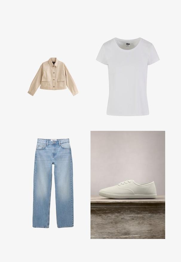 Beige cropped jakke med lange ærmer, krave, knaplukning foran og to store forlommer med klappe.; Hvid, kortærmet t-shirt lavet af bomuld. Har en rund halsudskæring og en tætsiddende form. Lappen læser "URBAN CLASSICS."; Lyseblå denimbukser med lige ben, fem-pockets stil og synlige syninger. Stofmaterialet har en blød, let falmet tekstur.; Hvide kanvas sneakers med rund tå, seks snørrehuller og tekstureret gummisål, hængende over en træoverflade med grønne græs i baggrunden.