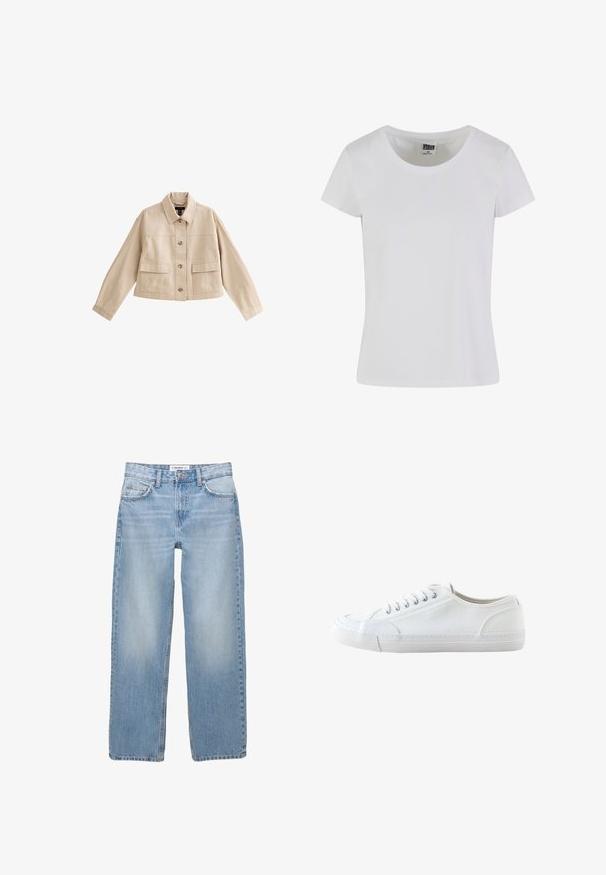 Veste courte beige à manches longues, col, fermeture avant à boutons et deux grandes poches avant avec rabats.; T-shirt blanc à manches courtes en coton. Il présente une encolure arrondie et une coupe cintrée. L'étiquette indique "URBAN CLASSICS".; Jean en denim bleu clair avec une coupe droite, style cinq poches et des détails de couture visibles. Le tissu a une texture douce et légèrement décolorée.; Baskets basses blanches en toile avec lacets blancs et semelle en caoutchouc, vues de côté sur fond blanc.
