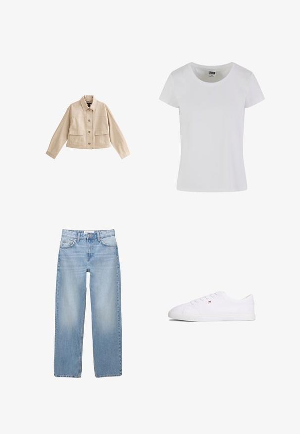 Beige korte jas met lange mouwen, kraag, knoopsluiting aan de voorkant en twee grote voorzakken met kleppen.; Witte, korte mouwen t-shirt gemaakt van katoen. Heeft een ronde hals en een slim-fit vorm. Etiket zegt "URBAN CLASSICS."; Lichtblauwe denim jeans met een recht model, vijf zakken en zichtbare stiksels. De stof heeft een zachte, iets vervaagde textuur.; Witte lage sneaker met vetersluiting en een klein rood-wit-blauw logo aan de zijkant, platte rubberen zool.