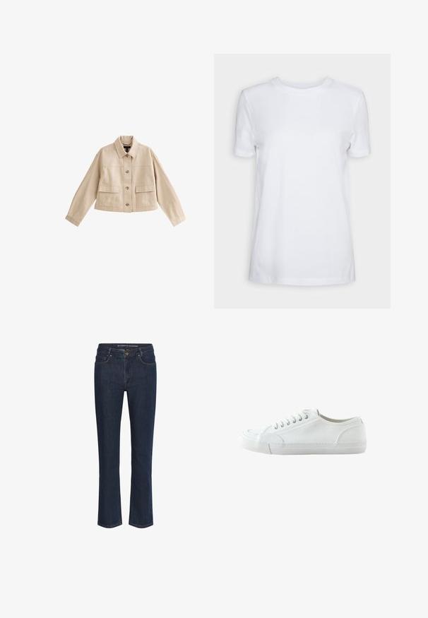 Beige korte jas met lange mouwen, kraag, knoopsluiting aan de voorkant en twee grote voorzakken met kleppen.; Effen wit T-shirt met korte mouwen en ronde hals, normale pasvorm en een klein label aan de binnenkant van de hals met de tekst "SELECTED FEMME."; Donkerblauwe rechte spijkerbroek met voorzakken, riemlussen en knoopsluiting.; Witte lage canvas sneaker met vetersluiting aan de voorkant, rubberen zool en een getextureerde neuskap, weergegeven vanaf de buitenkant op een witte achtergrond.