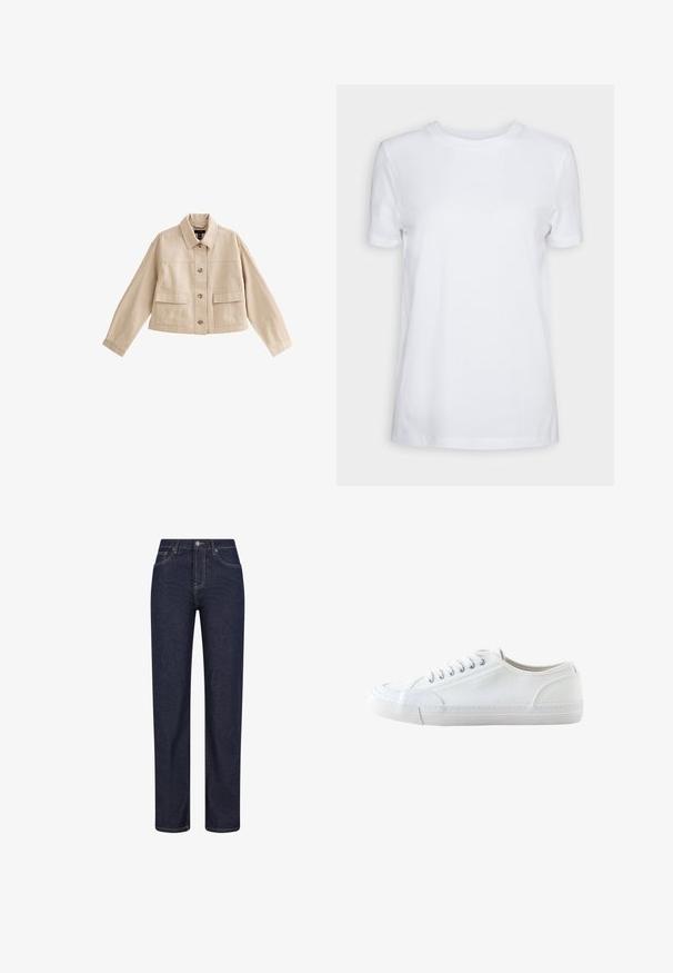 Beige cropped jakke med lange ærmer, krave, knaplukning foran og to store forlommer med klappe.; Simpel hvid T-shirt med korte ærmer og rund hals, normal pasform og et lille indvendigt mærke på nakken med teksten "SELECTED FEMME."; Mørkeblå jeans med lige ben, forlommer, bæltestropper og en knaplukning i taljen.; Hvid lavtop lærredsneaker med hvide snørebånd og gummisål, vist fra siden på en hvid baggrund.
