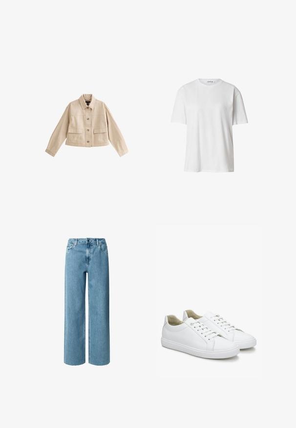 Beige korte jas met lange mouwen, kraag, knoopsluiting aan de voorkant en twee grote voorzakken met kleppen.; Witte katoenen T-shirt met een ronde hals, korte mouwen en een losse pasvorm. Eenvoudig ontwerp zonder zichtbare patronen of accenten.; Blauwe denim wijde jeans met een hoge taille, voorzien van riemlussen, een ritssluiting en rafelige uiteinden. De stof heeft een zachte, gladde textuur.; Witte leren sneakers met een gladde textuur, ronde neuzen en platte rubberen zolen. Voorzien van veters en een minimalistisch ontwerp zonder patronen.