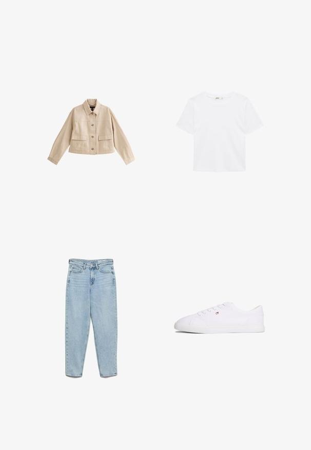 Chaqueta corta beige con mangas largas, cuello, cierre frontal con botones y dos grandes bolsillos frontales con solapas.; Camiseta corta de manga corta blanca lisa con cuello redondo, presentada plana sobre un fondo blanco.; Vaqueros de mezclilla azul claro de cintura alta con bolsillos delanteros, trabillas para cinturón, cierre de botón y piernas cónicas sobre un fondo blanco.; Zapatilla blanca de corte bajo con cierre de cordones y pequeño logo en rojo, blanco y azul en el lateral, suela plana de goma.