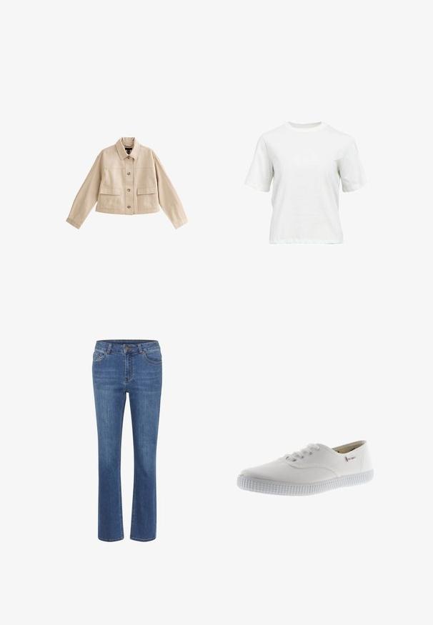 Beige korte jas met lange mouwen, kraag, knoopsluiting aan de voorkant en twee grote voorzakken met kleppen.; Witte korte mouw T-shirt van katoen met een ronde hals en een relaxte pasvorm, getoond op een effen witte achtergrond.; Blauwe denim jeans met een recht-eind ontwerp, een aansluitende taille, riemlussen, vijf zakken en een kleine bruine knop bij de taille.; Witte canvas sneakers met ronde neus, vetersluiting, gestructureerde rubberen zool en subtiele merkaanduiding. Glad stoffen afwerking.