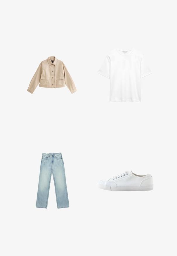 Beige cropped jakke med lange ærmer, krave, knaplukning foran og to store forlommer med klappe.; Simpel hvid kortærmet bomulds-T-shirt med rund hals, vist fladt mod hvid baggrund.; Lyseblå højtaljede brede jeans med let slid på forlommer og lår, knaplukning og design med fem lommer.; Hvid lavtop lærredsneaker med hvide snørebånd og gummisål, vist fra siden på en hvid baggrund.