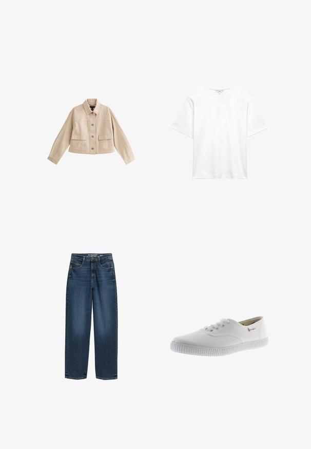 Chaqueta corta beige con mangas largas, cuello, cierre frontal con botones y dos grandes bolsillos frontales con solapas.; Camiseta blanca de algodón de manga corta con cuello redondo, mostrada extendida sobre fondo blanco.; Jeans de pierna ancha de color azul oscuro con cintura alta, bolsillos frontales y textura de denim clásica. Acabados con detalles de costura sutiles y aberturas de pierna recta.; Zapatillas de lona blancas con punta redonda, diseño con cordones, suela de goma texturizada y un sutil acento de marca. Acabado de tela suave.