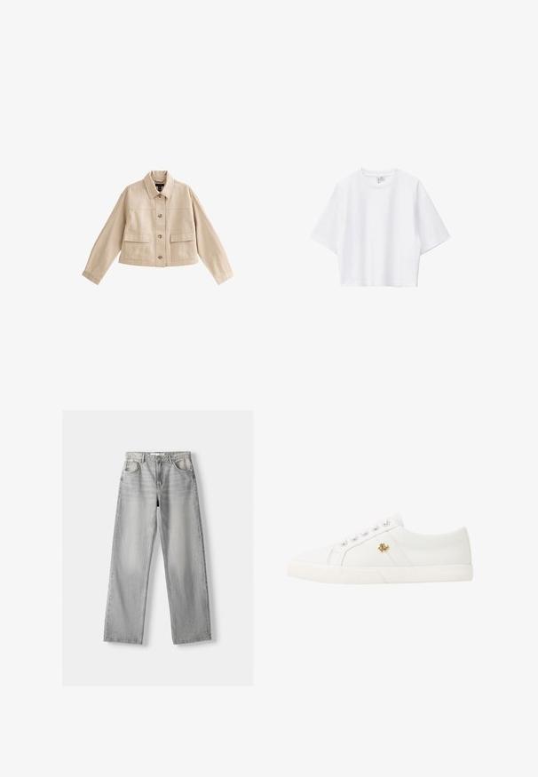 Beige kurze Jacke mit langen Ärmeln, Kragen, Vorderknopfleiste und zwei großen aufgesetzten Fronttaschen mit Klappen.; Weißes, kurz geschnittenes T-Shirt aus weicher Baumwolle mit Rundhalsausschnitt, kurzen Ärmeln und lockerer Passform. Einfaches und vielseitiges Design.; Helle graue Jeans aus Denim mit geradem Bein, ausgestattet mit zwei vorderen Taschen, einem Knopfverschluss und subtilen Abnutzungen für Struktur.; Lauren Ralph Lauren JANSON II CANVAS SNEAKER - Sneaker low - optic white