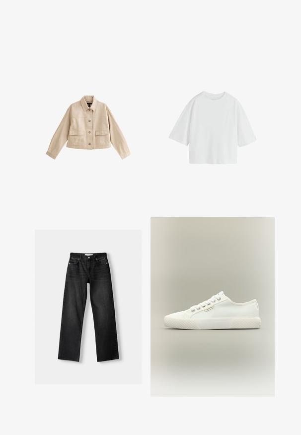 Beige cropped jakke med lange ærmer, krave, knaplukning foran og to store forlommer med klappe.; Simpel hvid oversized T-shirt med korte ærmer, rund hals og løs pasform.; Bershka Jeans Straight Leg - mottled dark grey; Hvid lavtopet lærreds-sneaker med tekstureret gummisål, hvide snørebånd og lille Calvin Klein-mærke på siden.