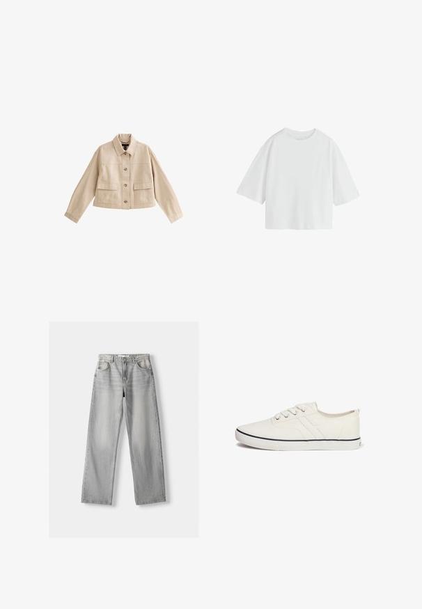 Beige kurze Jacke mit langen Ärmeln, Kragen, Vorderknopfleiste und zwei großen aufgesetzten Fronttaschen mit Klappen.; Schlichtes weißes oversized T-Shirt mit kurzen Ärmeln, rundem Ausschnitt und lockerem Schnitt.; Helle graue Jeans aus Denim mit geradem Bein, ausgestattet mit zwei vorderen Taschen, einem Knopfverschluss und subtilen Abnutzungen für Struktur.; Weiße Leinenschuhe mit einem flachen Design, runder Zehenpartie, sechs Ösen, marineblauem Akzentstreifen und strukturiertem Gummisohlen.