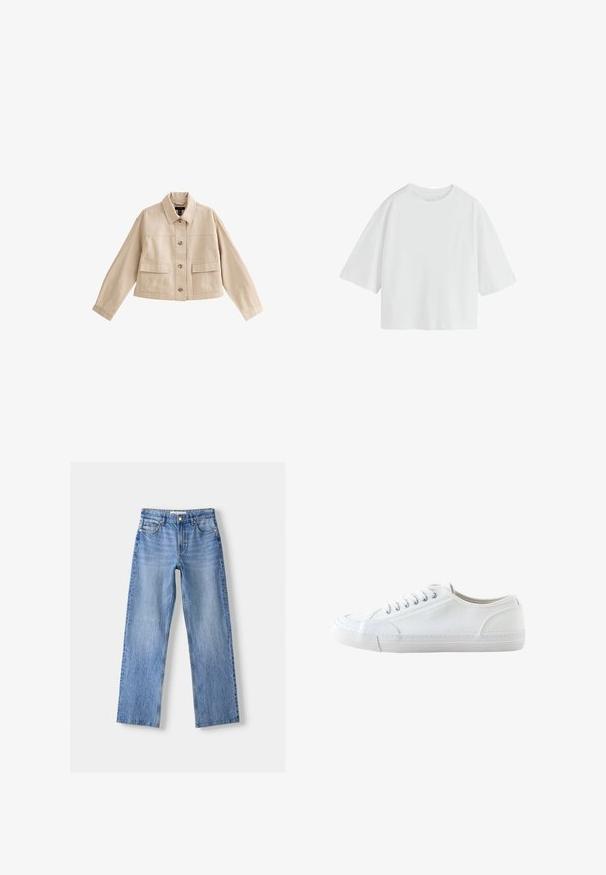 Beige korte jas met lange mouwen, kraag, knoopsluiting aan de voorkant en twee grote voorzakken met kleppen.; Effen witte oversized T-shirt met korte mouwen, een ronde hals en een losse pasvorm.; Lichtblauwe denim jeans met een rechte pasvorm, voorzien van vijf zakken, een knoopsluiting aan de voorkant en subtiele vervaging voor textuur.; Witte lage canvas sneaker met witte veters en rubberen zool, gezien van opzij op een witte achtergrond.