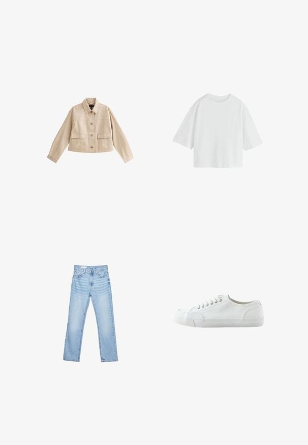 Beige cropped jakke med lange ærmer, krave, knaplukning foran og to store forlommer med klappe.; Simpel hvid oversized T-shirt med korte ærmer, rund hals og løs pasform.; Lyseblå denimjeans med lige pasform, fem-lomme-design og synlig syning. Mellem-høj talje med klassisk knap- og lynlåslukning.; Hvid lavtop canvas-sneaker med snørebånd foran, gummisål og struktureret tåhætte, vist fra ydersiden mod en hvid baggrund.