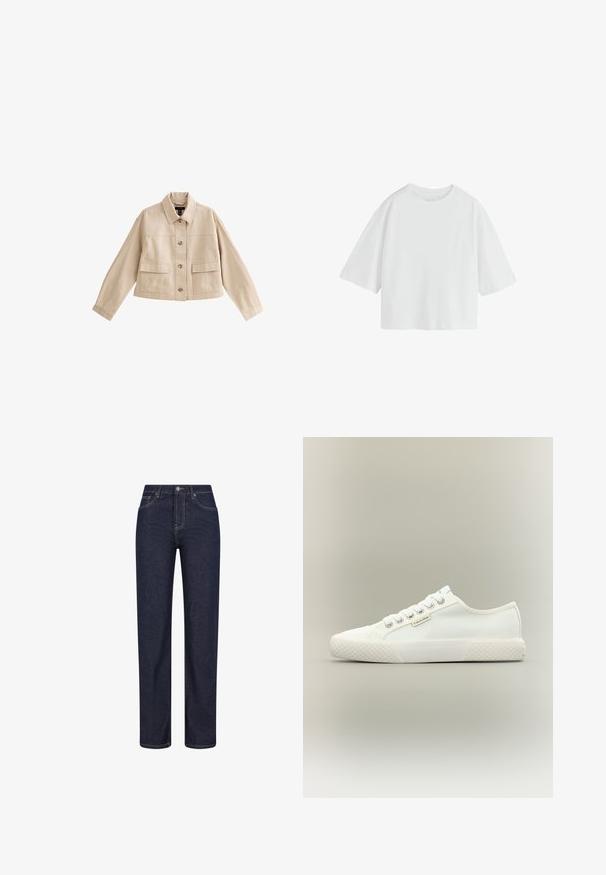 Beige korte jas met lange mouwen, kraag, knoopsluiting aan de voorkant en twee grote voorzakken met kleppen.; Effen witte oversized T-shirt met korte mouwen, een ronde hals en een losse pasvorm.; Donkerblauwe jeans met rechte pijpen, voorzakken, riemlussen en een knoopsluiting in de taille.; Witte lage canvas sneaker met een getextureerde rubberen zool, witte veters en een klein Calvin Klein-label aan de zijkant.