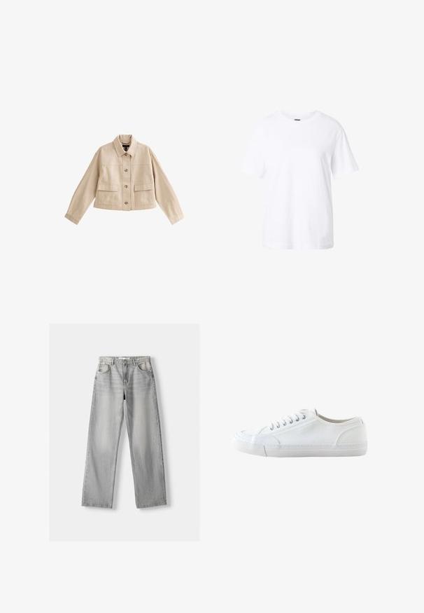 Beige kurze Jacke mit langen Ärmeln, Kragen, Vorderknopfleiste und zwei großen aufgesetzten Fronttaschen mit Klappen.; Schlichtes weißes T-Shirt mit kurzen Ärmeln, Rundhalsausschnitt, lockerer Passform und kleinem Etikett innen im Kragen.; Helle graue Jeans aus Denim mit geradem Bein, ausgestattet mit zwei vorderen Taschen, einem Knopfverschluss und subtilen Abnutzungen für Struktur.; Weißer niedriger Canvas-Sneaker mit weißen Schnürsenkeln und Gummisohle, von der Seite auf weißem Hintergrund dargestellt.