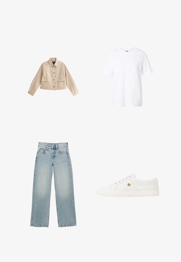 Beige cropped jakke med lange ærmer, krave, knaplukning foran og to store forlommer med klappe.; Enkelt hvid t-shirt med korte ærmer og rund hals, afslappet pasform og lille label inde i kraven.; Lysblå denim bredbukser med høj talje, der har fem lommer, knaplukning og subtile falmninger for en slidt effekt.; Lauren Ralph Lauren JANSON II CANVAS SNEAKER - Sneakers - optic white