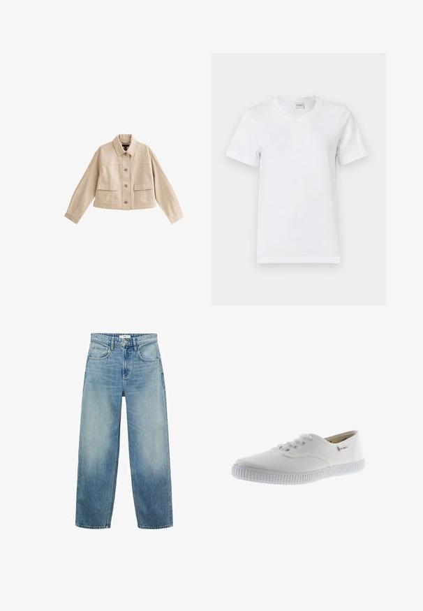 Beige korte jas met lange mouwen, kraag, knoopsluiting aan de voorkant en twee grote voorzakken met kleppen.; Witte katoenen t-shirt met een ronde halslijn, korte mouwen, rechte zoom en een gladde textuur. Geen patronen of extra materialen.; Lichtblauwe denim wijde jeans met een hoge taille, vijf zakken en een knoopsluiting. Verbleekte patroon naar de onderkant.; Witte canvas sneakers met ronde neus, vetersluiting, gestructureerde rubberen zool en subtiele merkaanduiding. Glad stoffen afwerking.