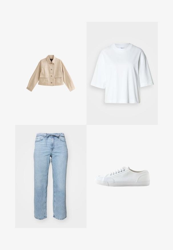 Veste courte beige à manches longues, col, fermeture avant à boutons et deux grandes poches avant avec rabats.; T-shirt blanc court à manches courtes, col rond, en coton doux, avec un design simple et épuré.; Jean en denim bleu clair avec une coupe droite décontractée, cinq poches et une taille avec passants de ceinture. Fini usé avec un léger dégradé.; Baskets basses blanches en toile avec lacets blancs et semelle en caoutchouc, vues de côté sur fond blanc.