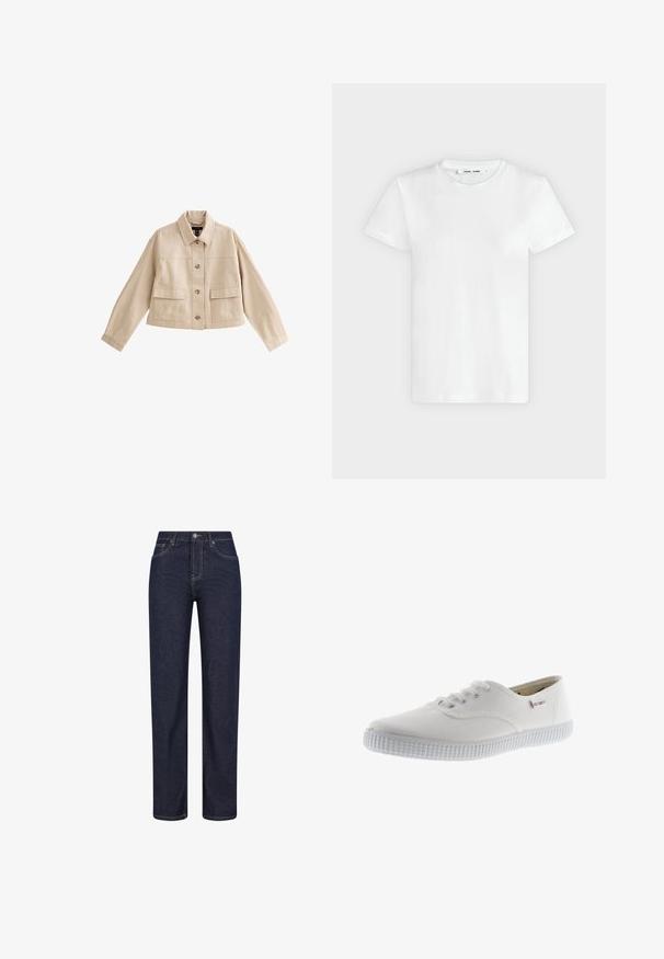 Beige korte jas met lange mouwen, kraag, knoopsluiting aan de voorkant en twee grote voorzakken met kleppen.; Effen witte T-shirt met korte mouwen en ronde hals, plat liggend op een lichtgrijze achtergrond, met voorzijde en label aan de binnenkant van de halslijn zichtbaar.; Donkerblauwe jeans met rechte pijpen, voorzakken, riemlussen en een knoopsluiting in de taille.; Witte canvas sneakers met ronde neus, vetersluiting, gestructureerde rubberen zool en subtiele merkaanduiding. Glad stoffen afwerking.