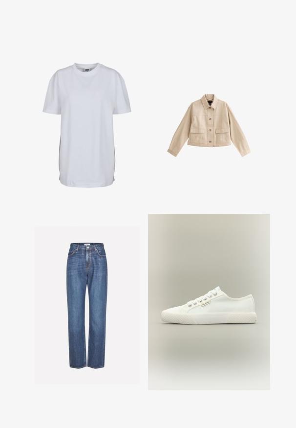 Veste courte beige à manches longues, col, fermeture avant à boutons et deux grandes poches avant avec rabats.; T-shirt blanc uni à manches courtes avec col rond, ourlet droit et petite étiquette de marque visible à l'intérieur du col.; Jean en denim bleu clair avec une coupe droite, présentant une fermeture à bouton, un style à cinq poches et un léger dégradé sur le tissu.; Baskets basses blanches en toile avec semelle en caoutchouc texturée, lacets blancs et petite étiquette Calvin Klein sur le côté.