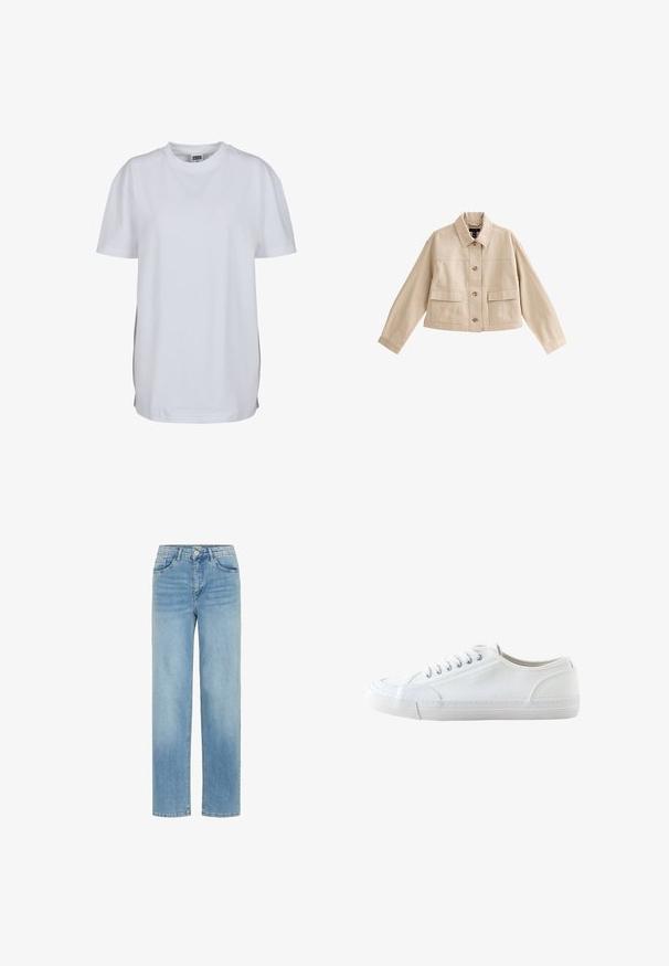 Beige korte jas met lange mouwen, kraag, knoopsluiting aan de voorkant en twee grote voorzakken met kleppen.; Effen wit T-shirt met korte mouwen en ronde hals, met een rechte zoom en een klein zichtbaar merklabel binnenin de kraag.; Lichtblauwe spijkerbroek met een rechte snit, vijf zakken en een knoopsluiting. Geen zichtbare versieringen of patronen.; Witte lage canvas sneaker met witte veters en rubberen zool, gezien van opzij op een witte achtergrond.