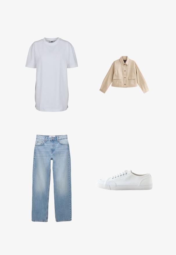 Beige korte jas met lange mouwen, kraag, knoopsluiting aan de voorkant en twee grote voorzakken met kleppen.; Effen wit T-shirt met korte mouwen en ronde hals, met een rechte zoom en een klein zichtbaar merklabel binnenin de kraag.; Lichtblauwe denim jeans met een recht model, vijf zakken en zichtbare stiksels. De stof heeft een zachte, iets vervaagde textuur.; Witte lage canvas sneaker met witte veters en rubberen zool, gezien van opzij op een witte achtergrond.
