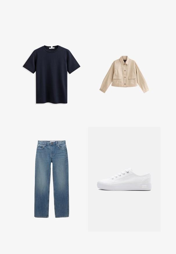 Beige korte jas met lange mouwen, kraag, knoopsluiting aan de voorkant en twee grote voorzakken met kleppen.; Navyblauw T-shirt met korte mouwen van zachte katoen, met een klassieke ronde hals en een comfortabele pasvorm, zonder zichtbare merk- of patroon. ; Lichtblauwe denim jeans met een rechte snit, vijf zakken en koperen hardware. De stof heeft een lichte vervaging en een gladde textuur.; Witte lage canvas sneaker met witte veters, rubberen zool en Lee-merklogo op het hielzijpaneel.