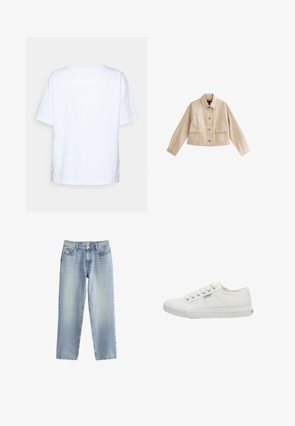 Beige cropped jakke med lange ærmer, krave, knaplukning foran og to store forlommer med klappe.; Enkelt hvid kortærmet bomulds t-shirt vist bagfra mod en lys grå baggrund.; Lysblå denim jeans med lige ben-design, høj talje og diskret falming. Har en knaplukning og standard fem-lomme stil.; Hvid kanvas sneakers med rund tå, seks snørrehuller, teksturerede sidepaneler og gummisål. Lille mærkelogo på siden.