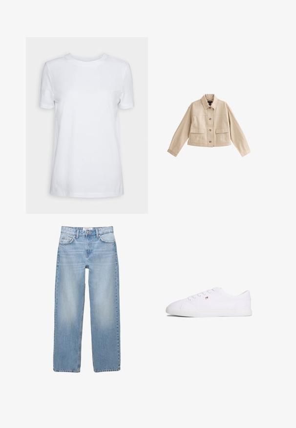 Beige korte jas met lange mouwen, kraag, knoopsluiting aan de voorkant en twee grote voorzakken met kleppen.; Effen wit T-shirt met korte mouwen en ronde hals, normale pasvorm en een klein label aan de binnenkant van de hals met de tekst "SELECTED FEMME."; Lichtblauwe denim jeans met een recht model, vijf zakken en zichtbare stiksels. De stof heeft een zachte, iets vervaagde textuur.; Witte lage sneaker met vetersluiting en een klein rood-wit-blauw logo aan de zijkant, platte rubberen zool.