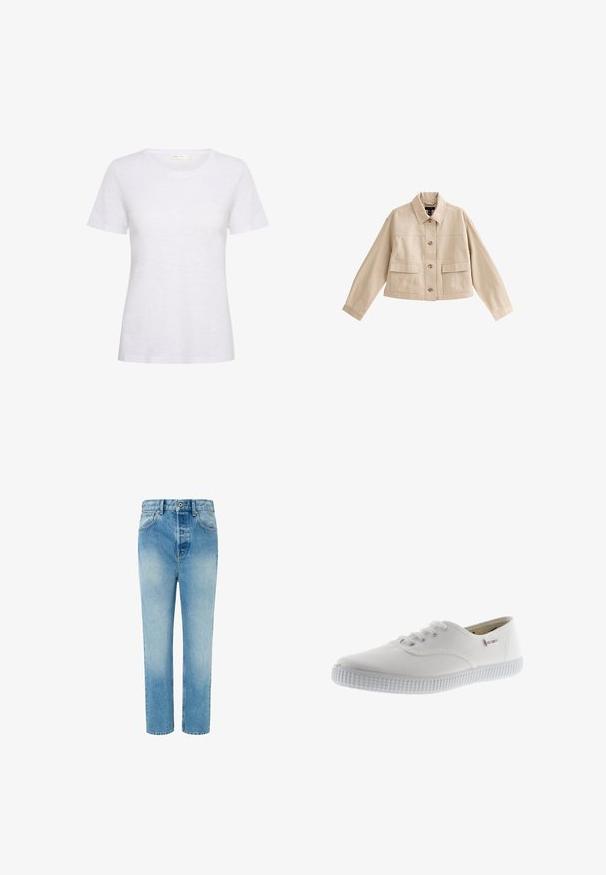 Chaqueta corta beige con mangas largas, cuello, cierre frontal con botones y dos grandes bolsillos frontales con solapas.; Camiseta blanca de manga corta hecha de un tejido suave y ligero. Presenta un escote redondeado y una textura suave con un ligero brillo.; Jeans de mezclilla azul claro con corte recto, cintura alta y mínimas decoloraciones. Presenta bolsillos delanteros y traseros, y cierre de botón metálico.; Zapatillas de lona blancas con punta redonda, diseño con cordones, suela de goma texturizada y un sutil acento de marca. Acabado de tela suave.
