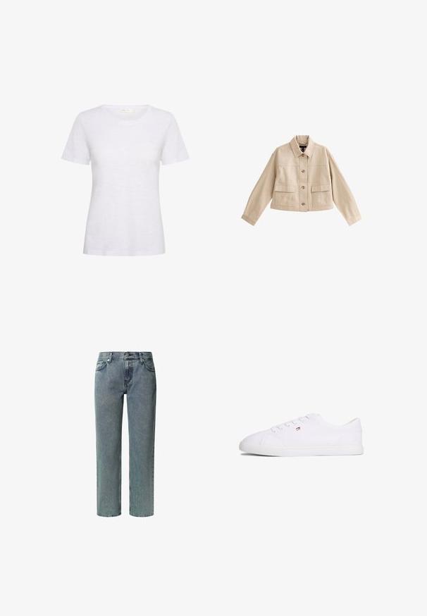 Chaqueta corta beige con mangas largas, cuello, cierre frontal con botones y dos grandes bolsillos frontales con solapas.; Camiseta blanca de manga corta hecha de un tejido suave y ligero. Presenta un escote redondeado y una textura suave con un ligero brillo.; Vaqueros de denim azul claro con pierna recta, cinco bolsillos, pasadores para cinturón y cierre de botón. La tela tiene una textura sutil.; Zapatilla blanca de corte bajo con cierre de cordones y pequeño logo en rojo, blanco y azul en el lateral, suela plana de goma.